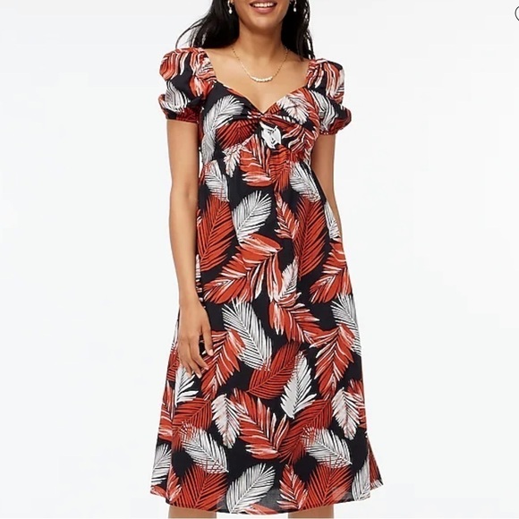 J. Crew Tropical Summer Puff Sleeve Twist Front Smocked Back Midi Dress Size 2 - Picture 8 of 16